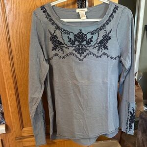 Sundance Gray Long Sleeve Top with Black Embroidery
